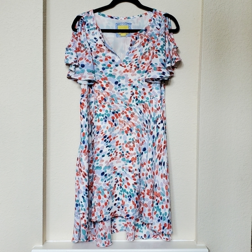 Maeve by Anthropologie Watercolor Dot Dress w/Cold Shoulder Sleeves Size XSmall